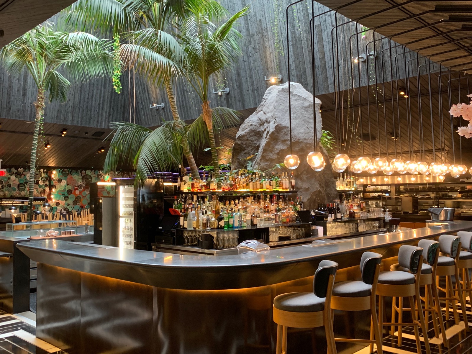 Upscale bar interior curved counter